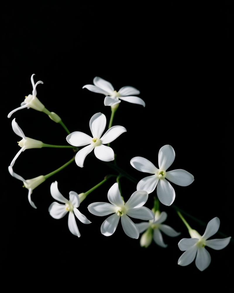 Jasmine flowers photographed against black